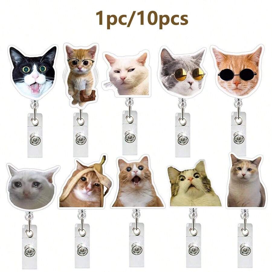 1pc/2pcs/3pcs Acrylic Cat Expression Retractable Rotating Badge Reel Doctor Nurse Keychain ID Holder - Multicolor D - View 1