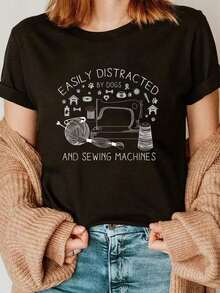Easily Distracted By Perros And Sewing hines - Craft Regalo Camiseta Mangas Cortas Camisetara Mujer para Hombre Gráfico Camiseta Causal Tops - Negro - Ver 2