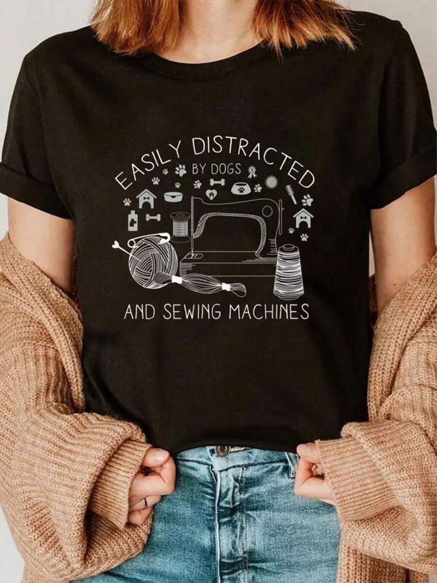 Easily Distracted By Perros And Sewing hines - Craft Regalo Camiseta Mangas Cortas Camisetara Mujer para Hombre Gráfico Camiseta Causal Tops