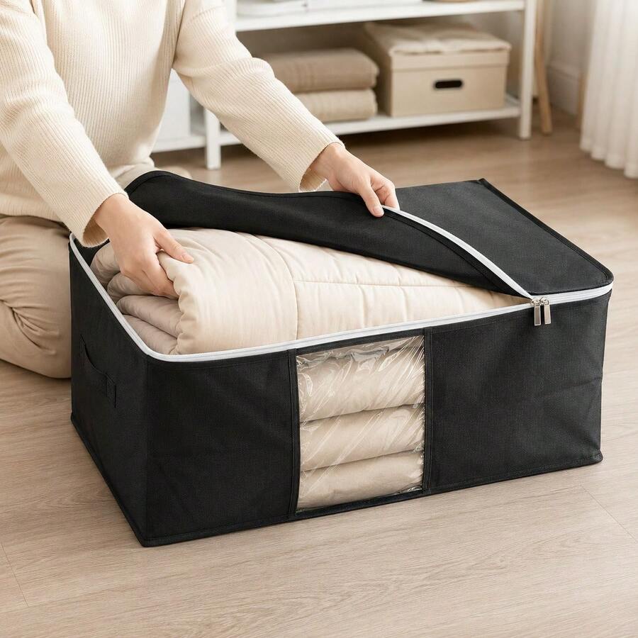 1件/套布製收納盒(淺灰色/黑色),附透明視窗拉鍊收納袋,家用衣櫥收納,耐用布料,長方形,附加固手柄,防塵可折疊,適用於衣物/床上用品,實用且堅固,居家收納用品 - 彩色 - 查看 1