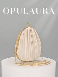 OpulAura 1pc Apricot Satin Fabric Women's Pleated Handbag, Exquisite/Charming Sparkling Diamond Bracelet Decoration, Fashionable Asymmetric Box Shape Women's Clutch, Suitable For Party, Formal Dress, Ball, Graduation Ceremony, Bridal Attire, Party Handbag, Wedding Clutch. - Apricot - View 7