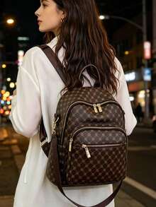 Large Capacity Backpack For Women, Classic Solid Color Handbag For Ladies - Brown - View 10