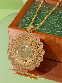 1pc Vintage Court Coin Flower Shaped Women's Necklace, Hollow Carved With Napoleon III Portrait Coin Inlaid In The Middle, Arabic Women's Wedding Banquet Festival Robe Dress Accessory Jewelry Pendant - Multicolor - View 2
