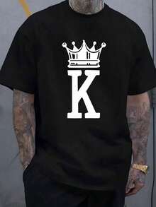 regalos para el día del padre Elegante Camiseta de Hombre 100% Algodón con Estampado de Corona y Letra K para Uso Diario, Salidas Casuales, Reuniones de Fin de - Negro - Ver 1