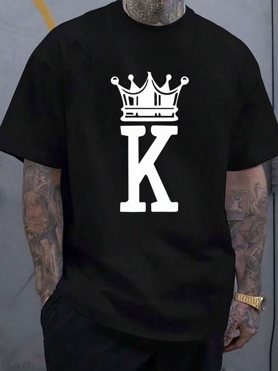 regalos para el día del padre Elegante Camiseta de Hombre 100% Algodón con Estampado de Corona y Letra K para Uso Diario, Salidas Casuales, Reuniones de Fin de - Negro - Ver 1