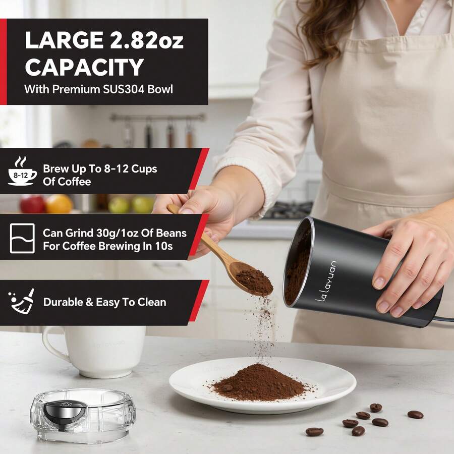 Lalayuan 1pc 110v Portable Household Stainless Steel Electric Dry Food Salt & Pepper Grinder With Over-Heat Protection & Lid-Pin Locking, 80g Large Capacity, 304 Stainless Steel Double Blades & Grinding Bowl For Fresh Coffee Grinding - US A Type Plug(110-127V) - View 1
