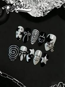 10pcs Handmade Vintage Y2K Press-On Nails, Medium Almond Shape Acrylic Nail Tips, Mirror Glossy Black & White Color Scheme, Cute Cat, Star, Bow, Spiral & Star Pendant Nail Art, Travel Essential, Suitable For Daily & Casual Wear, Easy To Apply & Reusable Nail Supplies, Short Summer Nail Art. Perfect Choice For Party, Friends Gathering, Birthday Gift. - Black and White - View 5