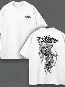 100% Pure Cotton Unisex T-Shirt With Back Print, Angel Blessed, Soft Fabric, Crew Neck, Short Sleeves, Regular Fit, Ideal For All Occasions, Premium Quality - 白色 - 查看 1