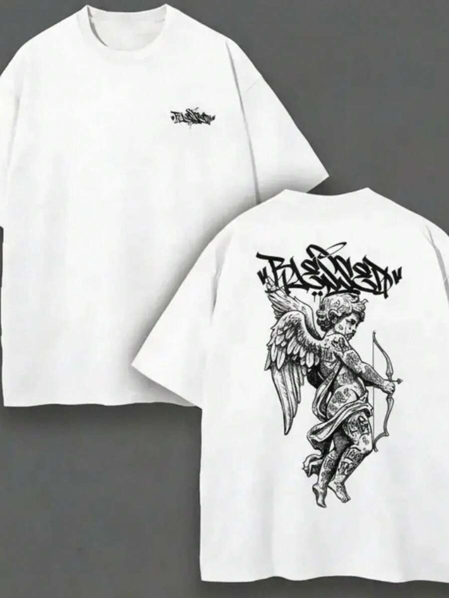 100% Pure Cotton Unisex T-Shirt With Back Print, Angel Blessed, Soft Fabric, Crew Neck, Short Sleeves, Regular Fit, Ideal For All Occasions, Premium Quality - 白色 - 查看 1