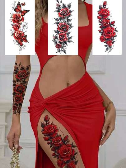 3pcs Temporary Tattoo Stickers, Fashionable Cool Red Sexy Butterfly & Flower Design, Unique Colorful Body Art, Waterproof Sweat-Proof Long-Lasting Realistic, Suitable For Waist, Legs, Arms, Multi-Functional Unisex, Easy To Apply And Remove, Can Cover Scars, Unisex