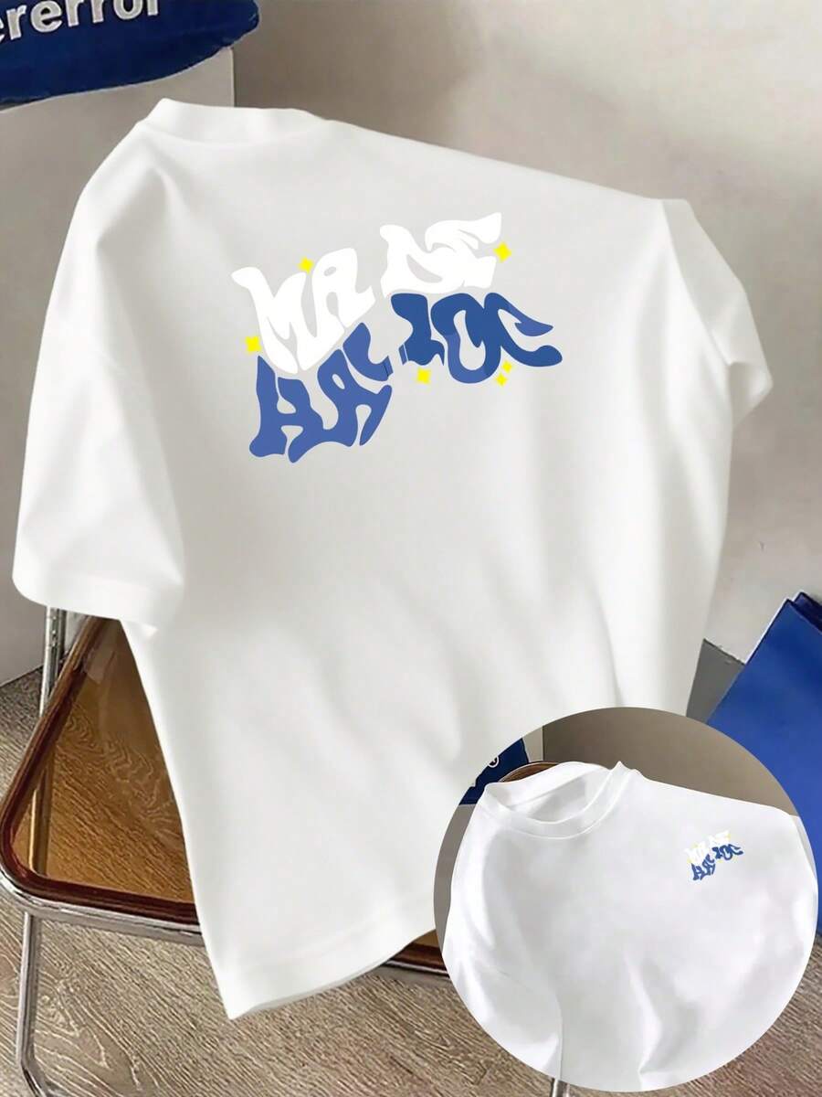 Camiseta de manga corta para hombre, estilo graffiti, estampado de doble cara, cuello redondo, informal, deportiva, a la moda, holgada, para estudiantes y adolescentes, marca Mr.. - Blanco - Ver 1