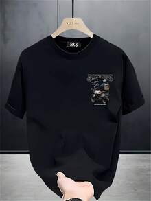 Camiseta de manga corta estampada a la moda para hombre, de algodón de peso pesado para verano, estilo coreano y japonés, prenda masculina versátil. - Negro - Ver 2
