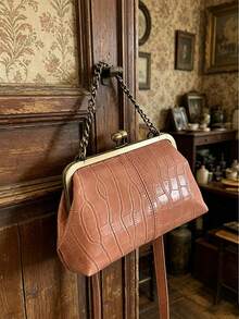 Vintage Chain Decor Shoulder Crossbody Bag Solid Color Handbag Women's Evening Bag Suitable For Work, Travel, Dating, Shopping - Pink - View 5