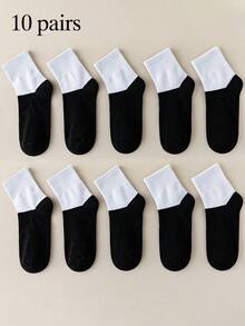 10 Pairs Classic Sports Style Student Socks, Suitable For 1-16 Years Old Boys And Girls, All Seasons Spring, Summer, Autumn, Winter, Round Neck Design, Easy To Clean, Black And White Color - Black and White - View 12