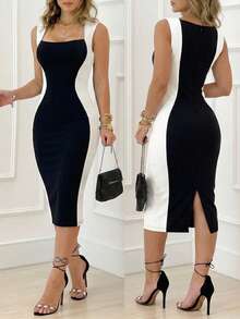 ChicMe Women Colorblock Square Neck Midi Dress Sleeveless Back Slit Side Panel Contrast Bodycon Cocktail Work Dress Elegant Summer - Black and White - View 3