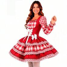 Women's Adult June Festival Dress, Plaid, Long Sleeves, Adjustable Waist-Slimming, Extra-Full Skirt - 紅棋 - 查看 6