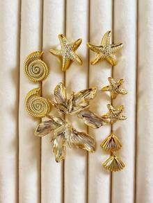 1/5 Pairs Ocean Series Gold Starfish & Seashell Stud Earrings Set - Gold - View 4