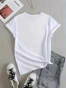 Camiseta mujer manga corta cuello redondo algodón transpirable, diseño deportivo baloncesto y frase, casual para salidas y ocio - Blanco - Ver 2
