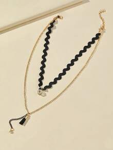 1pc Women's Fashion Vintage Personalized Wave Rope Gold-Plated Chain Rhinestone Double Layer Necklace Choker - Multicolor - View 2