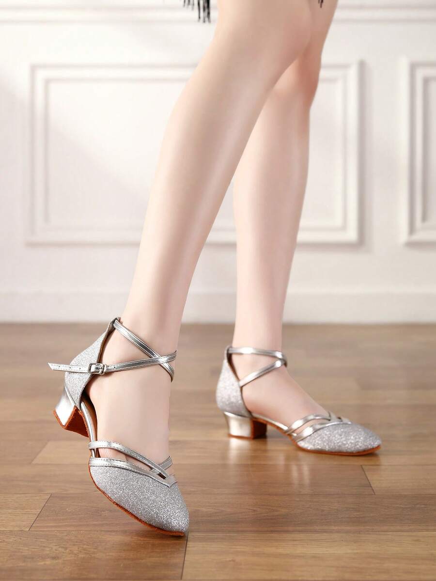 Girls' Low Heel Soft Sole Latin Dance Sandals, Ballroom Practice Dance Shoes - Silver - View 1