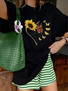 Boho Sunflower Butterfly Heart Outline Graphic T-Shirt, 100% Cotton Oversized Soft Breathable Sunny Tee, Casual Crewneck Short Sleeve Top For Summer & Nature Lovers - 黑色 - 查看 10