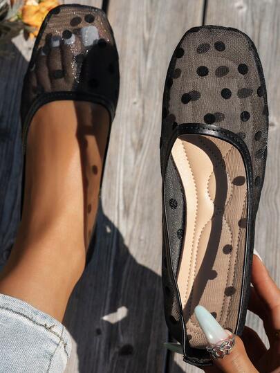 Zapatos planos de mujer con punta cuadrada de moda, zapatos de ballet casuales de punto, zapatos de ballet casuales de talla grande, zapatos de mujer de verano con vamp bajo, zapatos de mamá, zapatos de mujer cómodos y versátiles de primavera, estilo bohemio, zapatos planos de encaje blanco de primavera y otoño, zapatos casuales de verano de talla grande estilo europeo y americano, zapatos para caminar, zapatos planos casuales de mujer, zapatos holgados, zapatos de estilo bohemio chino con lunares huecos