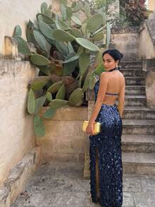 CHOSMO Robes Corset pour Femmes, Robe de Bal, Robe d'Invitée de Mariage, Robes de Bal pour Femmes, Robes de Bal Formelles pour Femmes pour le Lycée, Pois Couleur Unie Brillante Soirée Romantique Sexy Formelle - Bleu marine - Voir 2