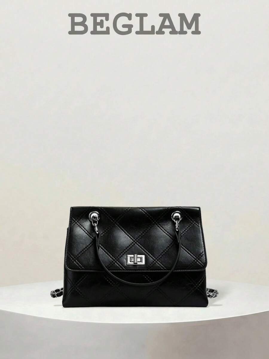 Fashion Solid Color Quilted Diamond Pattern Small PU Shoulder Bag, Portable Crossbody Bag, Multiple Compartments, Suitable For Women Shopping, Dating, Work Commuting And Daily Use. - Black - View 1