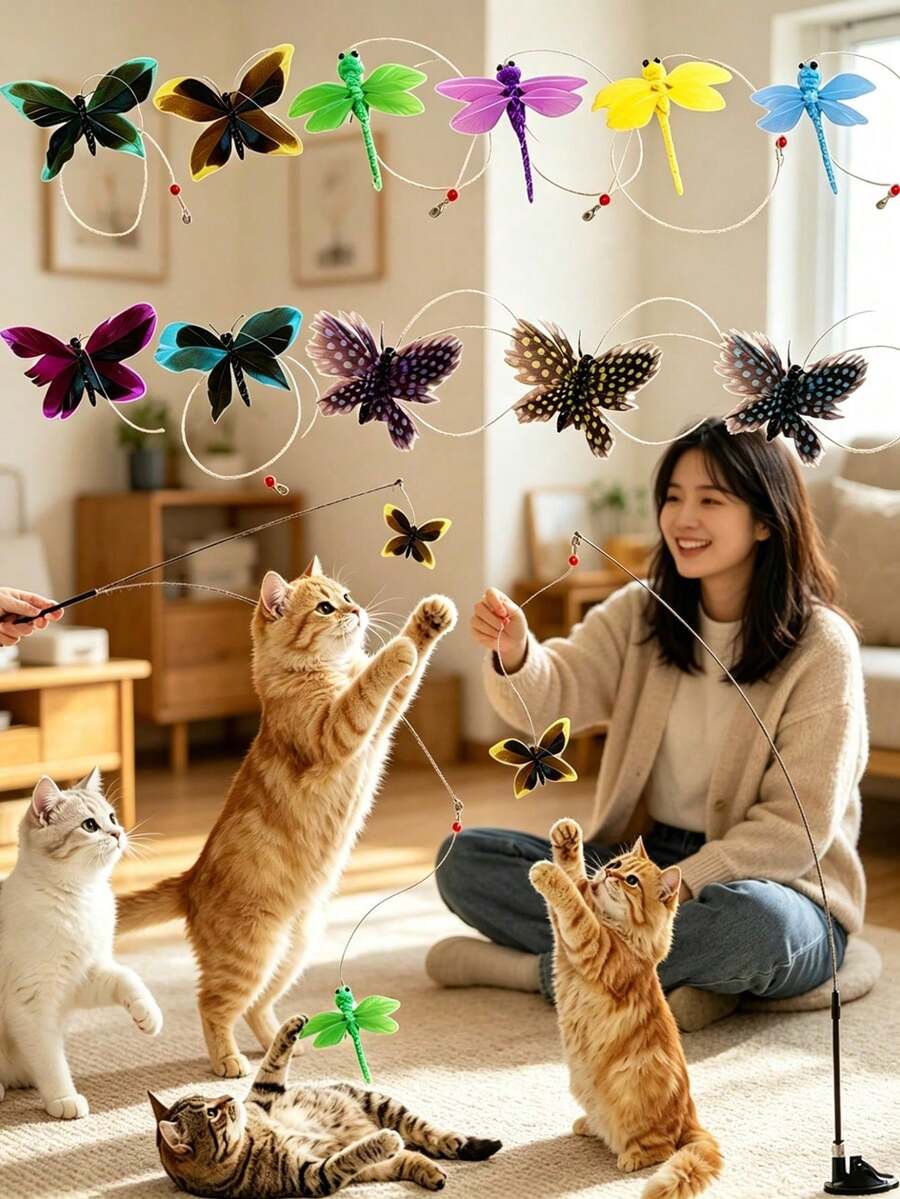 Cat Toy Single Pack Suction Cup Rod, Realistic Insect Shaped Cat Teaser Wand, Suitable For Cat Self-Entertainment. Simulated Insect Cat Teaser Wand With Replaceable Head. Cat Toy For Self-Entertainment. Vivid Insect With Replaceable Head - View 1