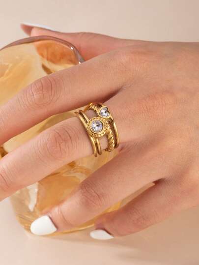 1 chiếc nhẫn hở thời trang nữ cao cấp bằng thép không gỉ đính đá zirconia trắng, phù hợp đeo hàng ngày hoặc làm quà tặng cho nữ