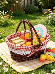 1pc Handwoven Wicker Picnic Basket With Lace Bow Decor Lined Fabric Lining Multi Style Red Gingham Check Pattern Portable Basket With Handle For Outdoor Picnic Camping - Multiple Styles - View 11