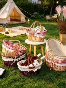1pc Handwoven Wicker Picnic Basket With Lace Bow Decor Lined Fabric Lining Multi Style Red Gingham Check Pattern Portable Basket With Handle For Outdoor Picnic Camping - Multiple Styles - View 3