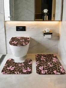 4PCS Leopard Print Base Pink Bow Sweet Cool Bathroom Set, Including Shower Curtain, U-Shaped Toilet Seat, Non Slip Floor Mat, Toilet Seat Cushion, With 12 Shower Curtain Hooks, 250th Anniversary Celebration, Holidays - A - View 6