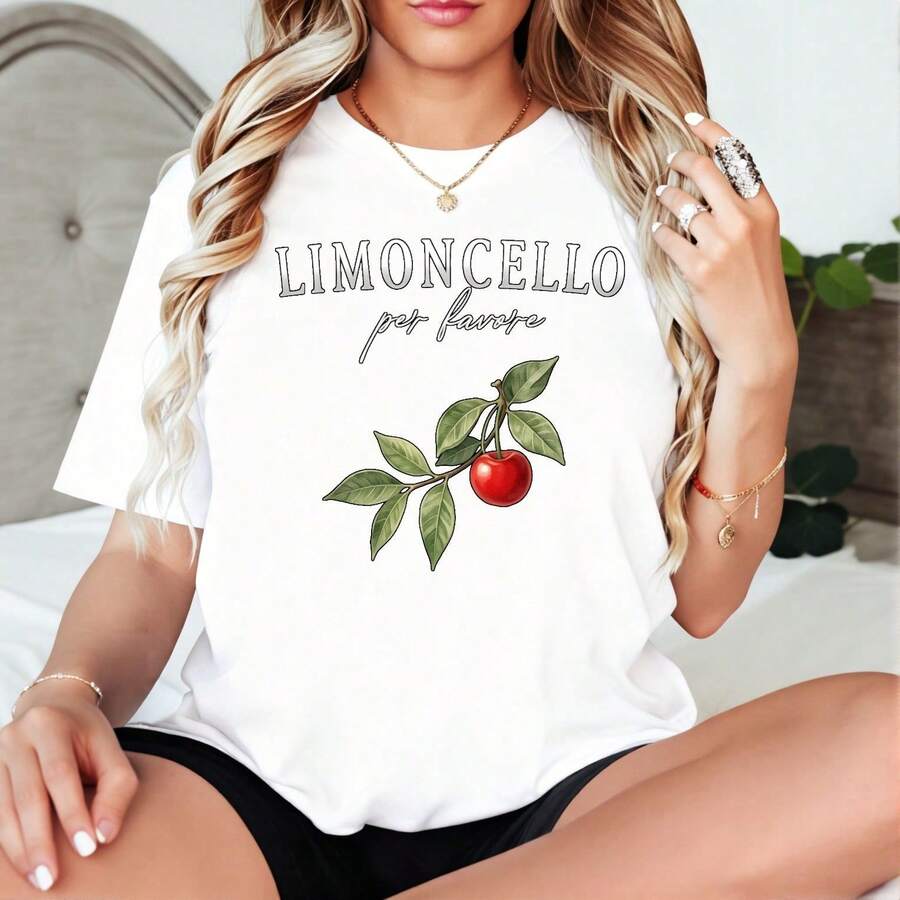 Tops de verano para mujer: camiseta casual de manga corta Estampado dulce Limoncello por favor, rama de cerezo Impresión Vibrante Ropa cómoda para estar en casa | Camiseta casual para mujer - Blanco - Ver 1