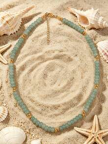 1pc European And American Bohemian Round Geometric Natural Stone Cracked Effect Beaded Short Necklace With Stainless Steel Accessories For Summer Beach Vacation - Stone Bead Stainless Steel Necklace - View 18
