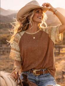 Women's Solid Color Washed Snowflake Craft Patchwork Raglan Sleeve Summer Set, Independence Day Outfit Casual - Brown - View 9