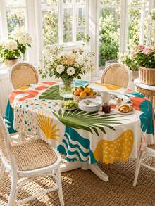 1pc-Boho Tropical Palm Leaf Round Polyester Tablecloth, Colorful Summer Geometric Print Table Cover, Wrinkle Resistant Wavy Edge Tablecloth For Outdoor Patio, Garden, Poolside, Backyard BBQ, Kitchen Dining Home Decor - Multicolor - View 19
