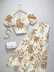 Leaf Print Bohemian Paper Bag Waist Beach Pants Elegant Summer - Multicolor - View 4