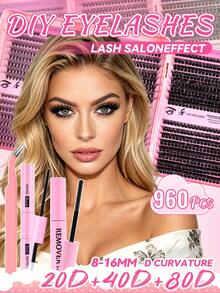Ensemble de faux cils en grappes 960, comprenant des cils recourbés 20D+40D+80D, longueur 8-16mm, mélangés avec des extensions de cils naturels, livré avec de la colle, du démaquillant et des pinces, grappes de cils ultra-épaisses et ultra-longues, cils recourbés individuels - Noir - Voir 11