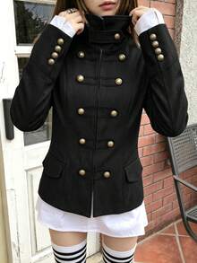 Napoleon Inspired Stand Collar Blazer, Black Slim Fit Jacket With Gold Decorative Buttons - Black - View 6