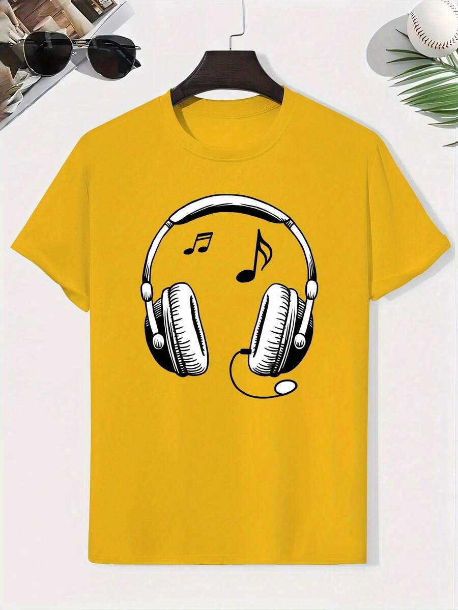 Kids' Cotton T-Shirt With Headphone Theme - Headphone And Letter Print, Lightweight Short Sleeve Summer Shirt, Crew Neck, Comfortable Clothing For Playing And Outdoor Activities - 黃色 - 查看 1