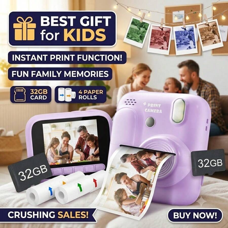 Kamera Cetak Instan Anak-Anak, Kamera Digital dengan Fungsi Cetak Foto Instan – Zoom Optik 8x, Video HD 1080P, Flash Terintegrasi, 4 Rol Kertas Foto Berwarna (Merah/Biru/Oranye/Hijau), Portabel dan Mudah Digunakan, Hadiah Sempurna untuk Liburan dan Acara Spesial (Natal, Ulang Tahun, Tahun Baru)