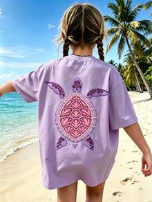 1pc Tween Girl Sea Turtle Print Short Sleeve T-Shirt, Student Youth Clothing, Summer Gift - Purple - View 1