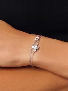 1pc S925 Sterling Silver Romantic Lucky Four-Leaf Clover Double Layer Bracelet, Minimalist Classic Design, Fresh Gentle Elegant High-End Versatile Women's Jewelry, Suitable For Daily Wear Exquisite Fashion Accessory, Perfect Gift - Four-leaf Clover - View 8