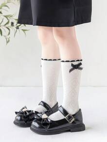 3雙女孩透氣百搭春夏季小腿襪，甜美蕾絲蝴蝶結飾邊兒童襪，適合日常休閒穿著 - 白色 - 查看 3