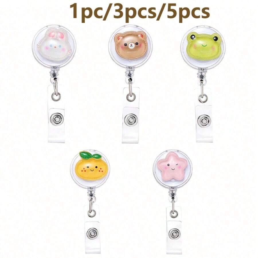 1 pieza/3 piezas/5 piezas Portacredencial retráctil con clip para tarjeta de identificación con diseños de rana, conejo y oso - Multicolor - Ver 1