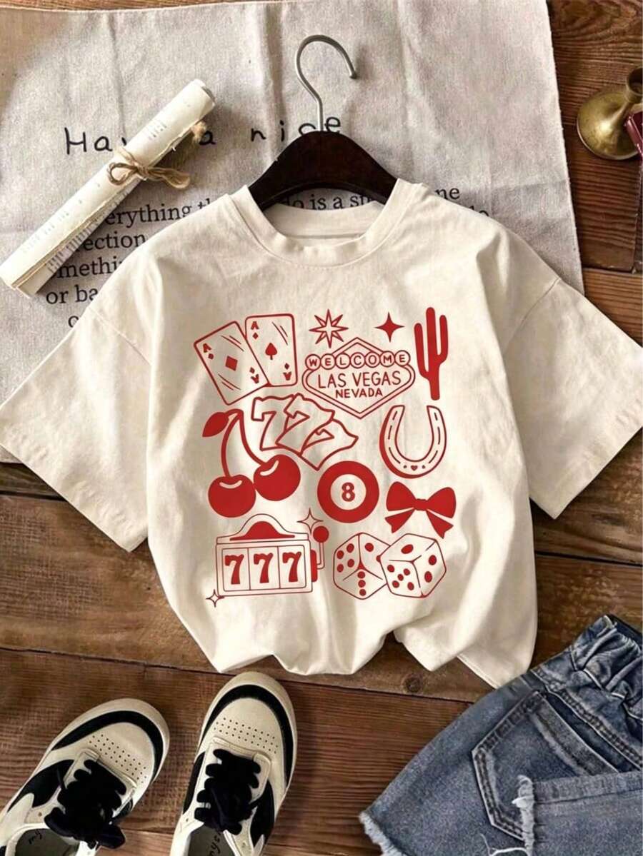 Women's White T-Shirt With Las Vegas Print, Spring/Summer Fashion. Features Cherry, Playing Card, Dice And Star Prints Combined With A Striking 777 Design. - 杏色 - 查看 1