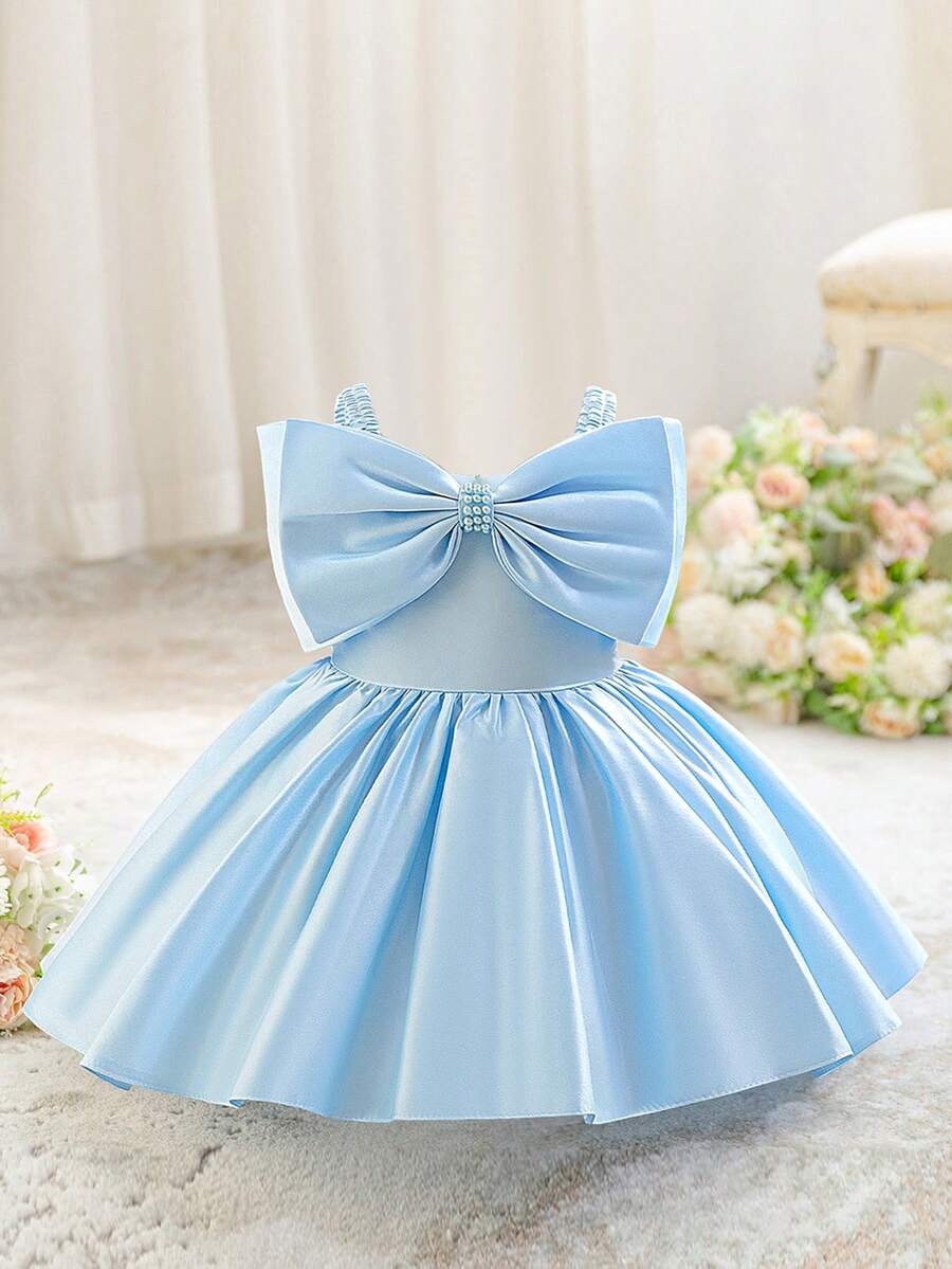 Baby Girl Solid Color Pleated Strap Dress Suitable For Birthday, Party, Outing, Banquet, Wedding Flower Girl, Holiday Celebration - Baby Blue - View 1