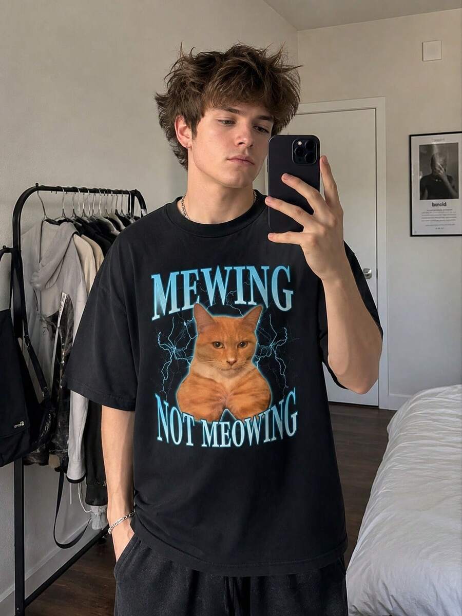 Summer 2026 T-Shirt With Funny Cat Meme - Mewing LooksMax, Meowing Cat Graphic T-Shirt, Unisex Cotton Garment For Men And Women, Retro Urban T-Shirt For Everyday Wear - 黑色 - 查看 1