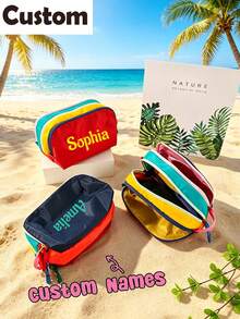 Customizable Name Large Capacity Color Block Makeup Bag, Portable Waterproof Travel Toiletry Storage Bag, Multi-Layer Cosmetic Organizer, Bridesmaid Gift For Women, Personalized Beach And Daily Use Makeup Bag, Aesthetic - Multicolor - View 1